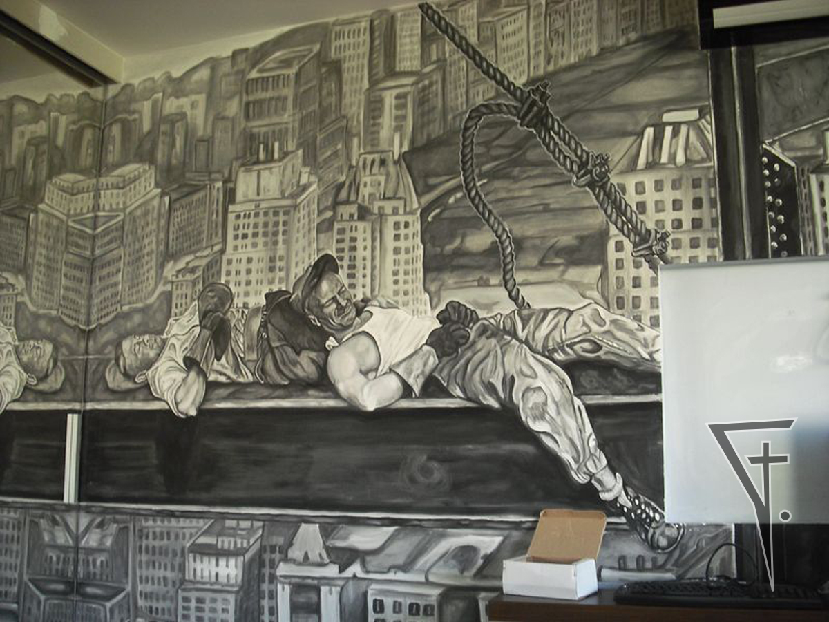 Ruční malba v obývacím pokoji.