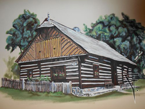 Jungmannův dům, malba na zdi v restauraci U Jungmanna, Hudlice.